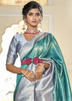 Turquoise & Gray Banarasi Silk Saree