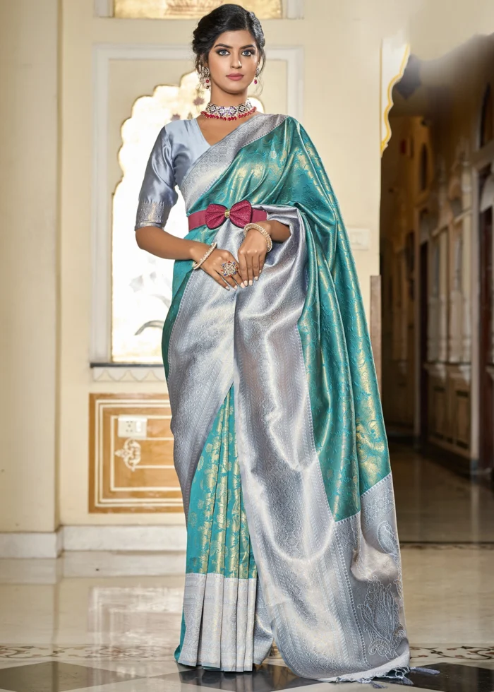 Turquoise & Gray Banarasi Silk Saree