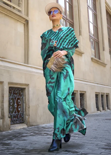 Turquoise Green Satin Crepe Saree