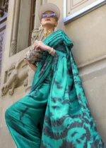 Turquoise Green Satin Crepe Saree