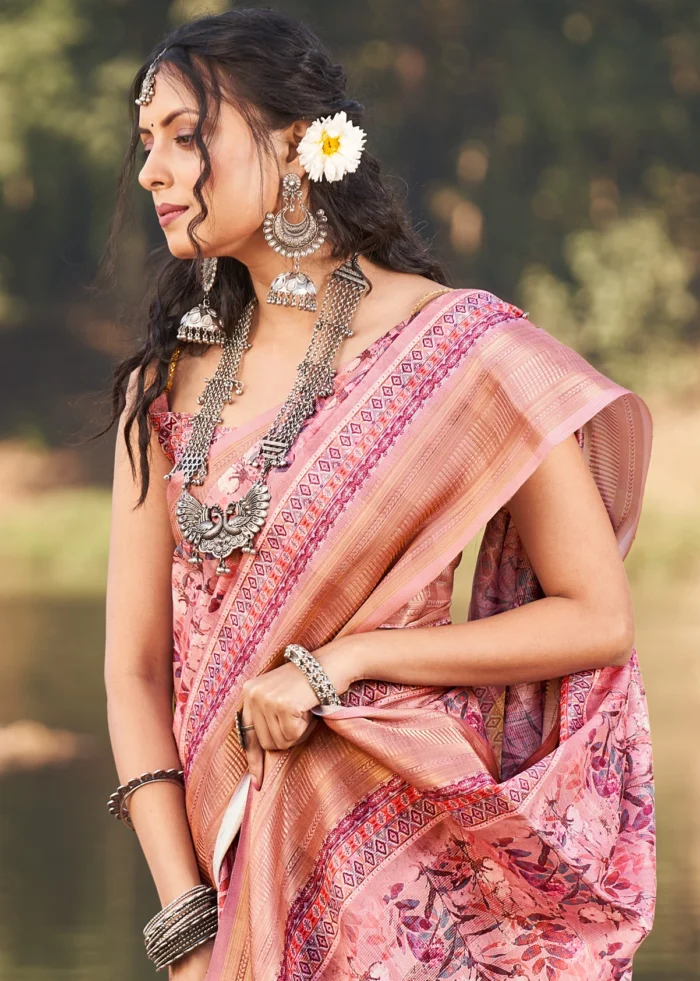 Watermelon Pink Cotton Saree