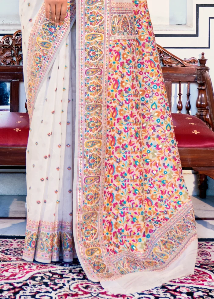 White Kashmiri Jamawar Pashmina Saree