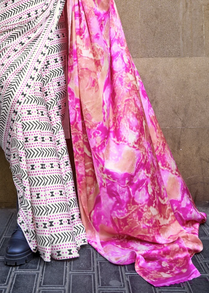 White & Pink Satin Crepe Saree