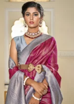 Wine & Gray Banarasi Silk Saree