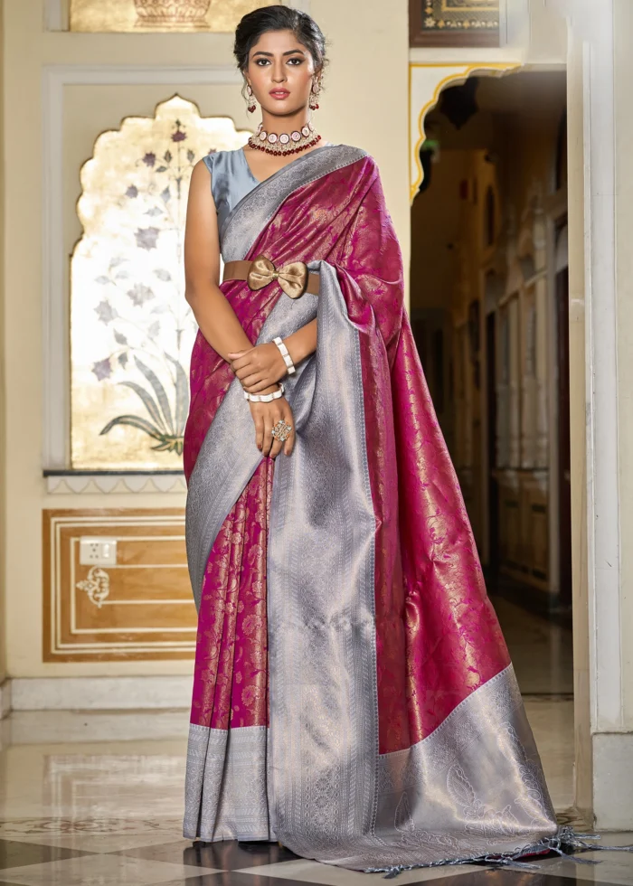 Wine & Gray Banarasi Silk Saree