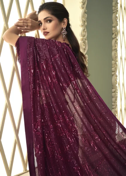 Wine Purple Georgette Sequins Saree