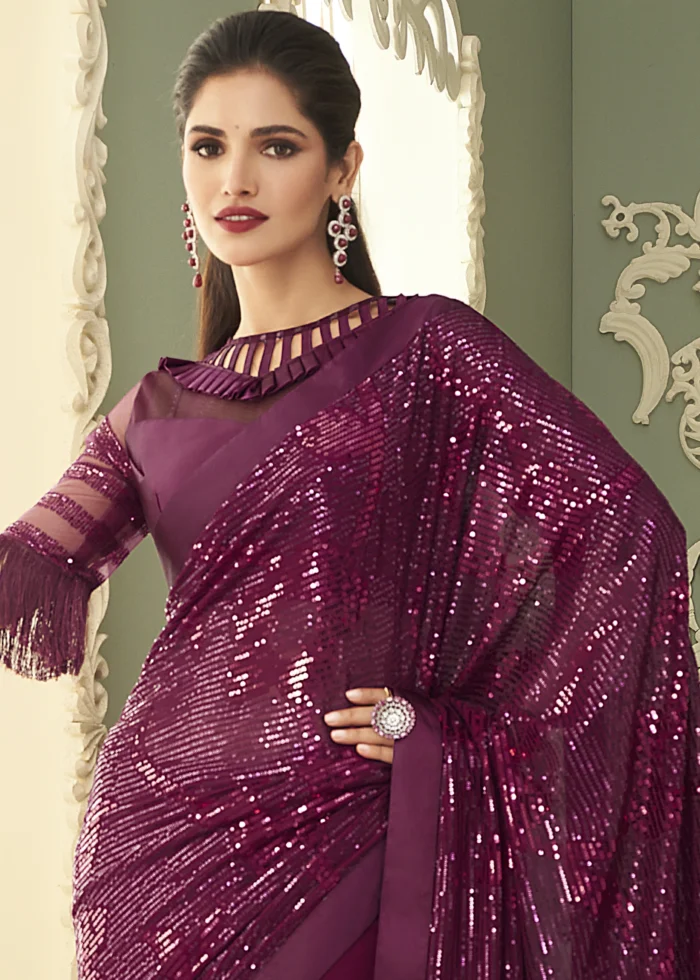 Wine Purple Georgette Sequins Saree