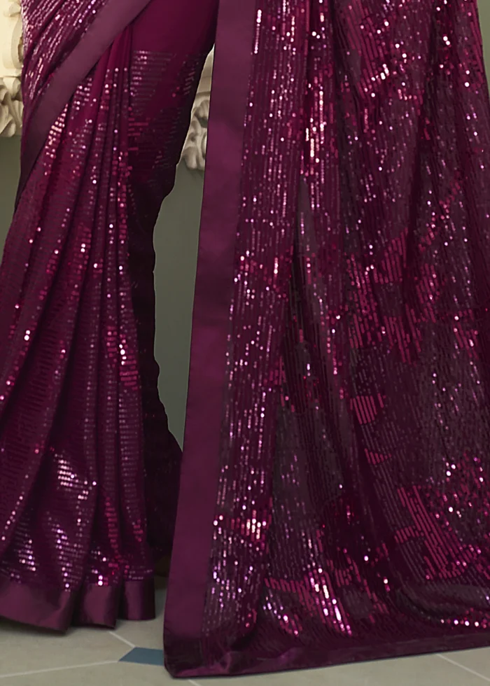 Wine Purple Georgette Sequins Saree