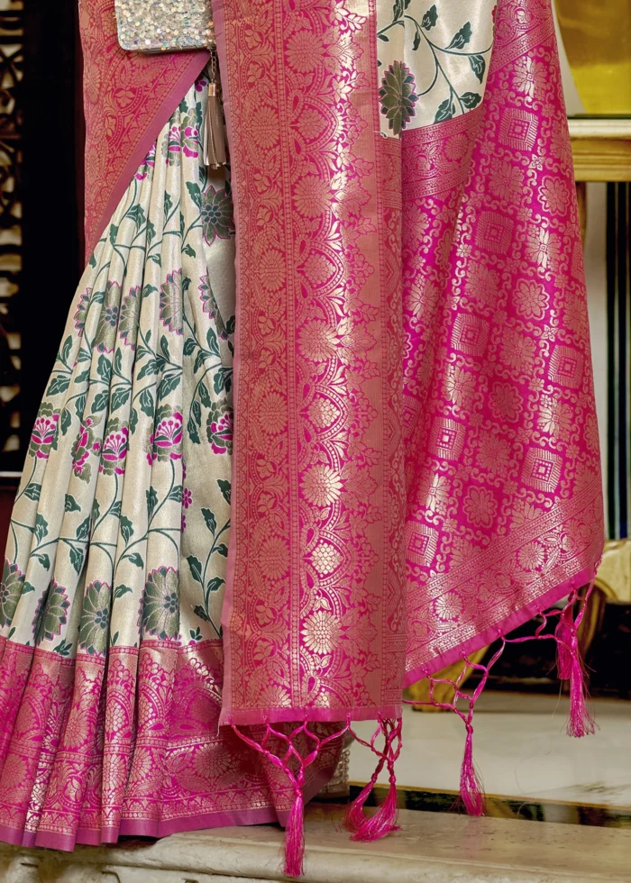 Beige and Pink Banarasi Silk Saree