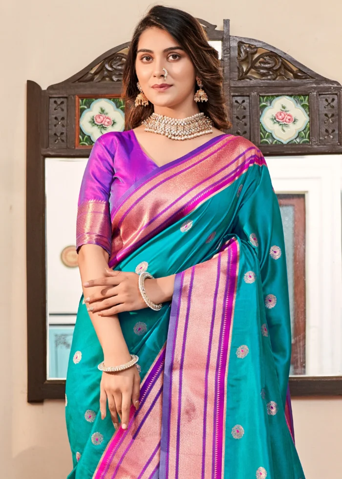 Blue and Purple Paithani Silk Saree