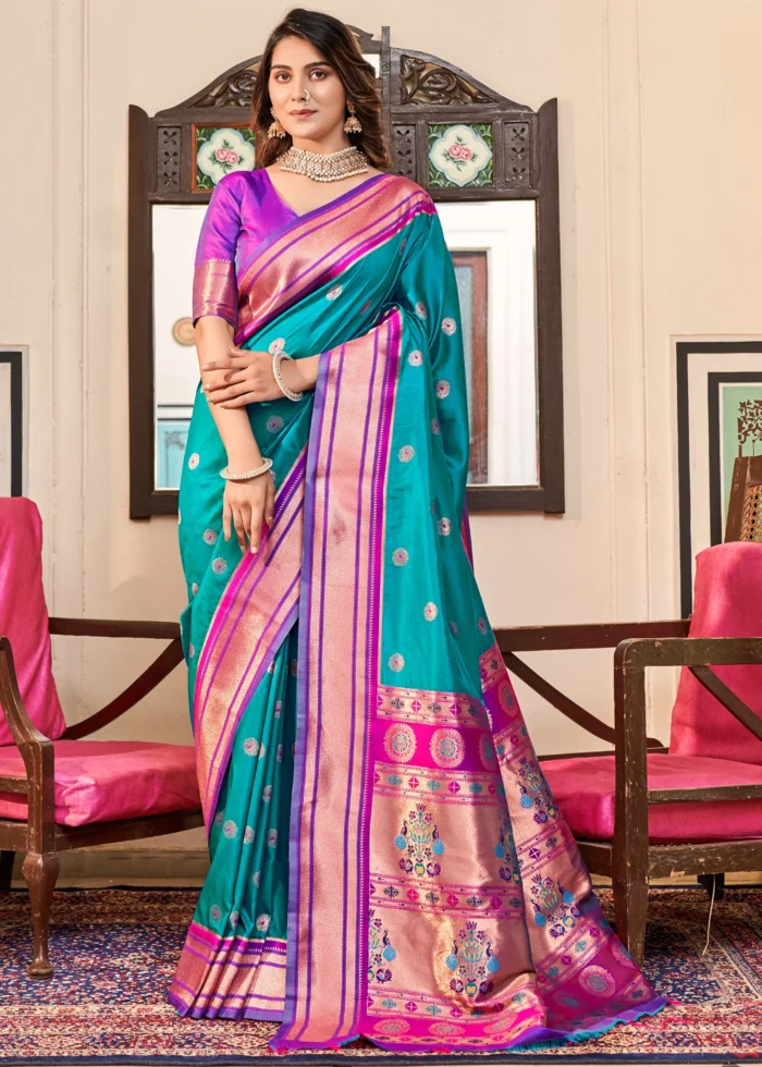 Blue and Purple Paithani Silk Saree