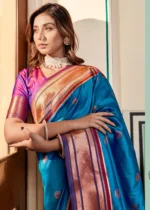 Blue and Violet Paithani Silk Saree