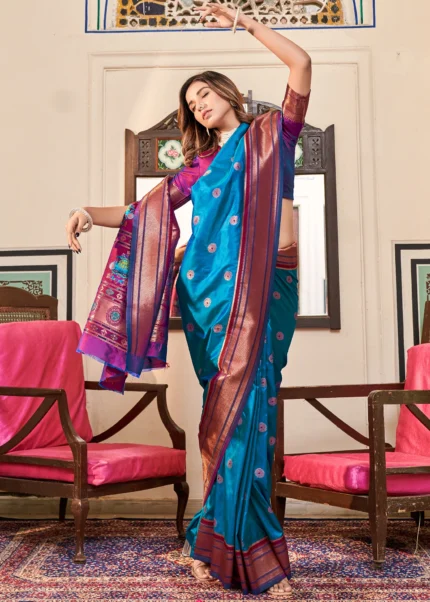 Blue and Violet Paithani Silk Saree