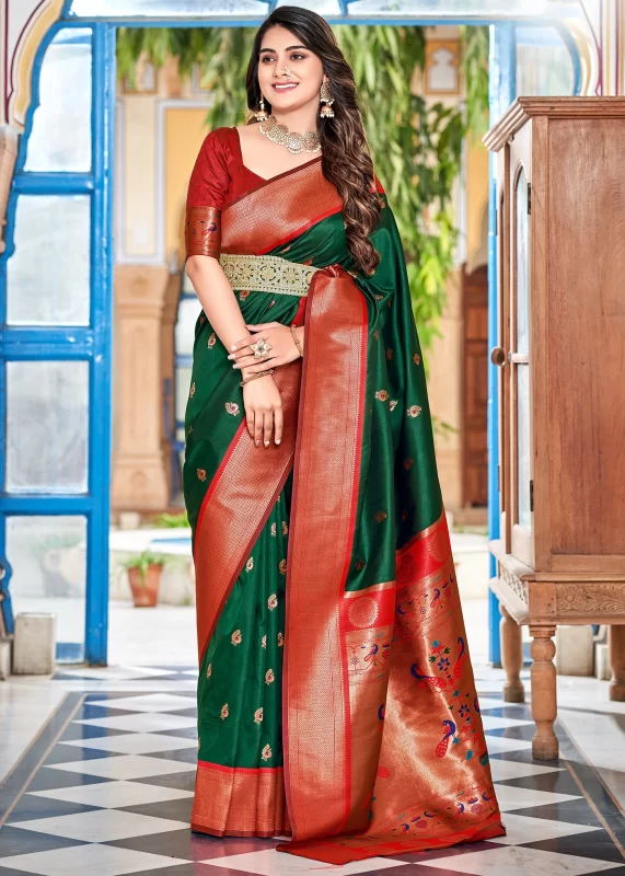 Bottle Green Paithani Silk Saree