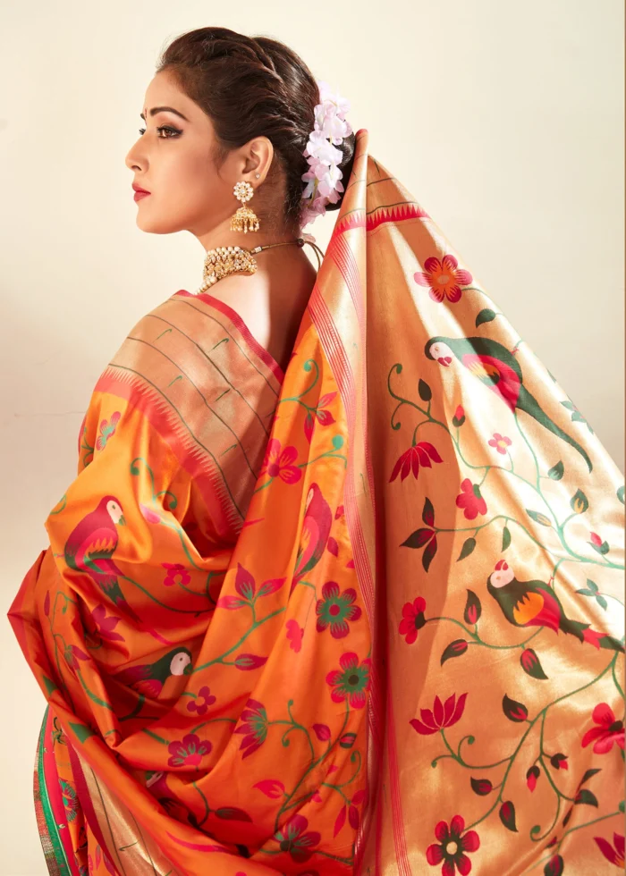 Cantaloupe Orange Paithani Silk Saree