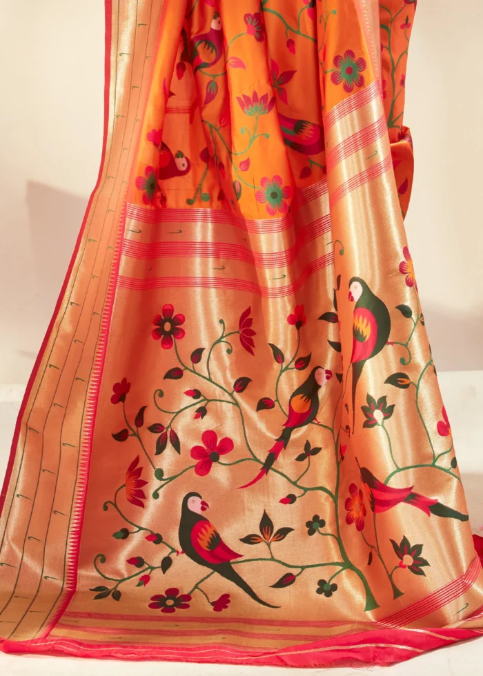 Cantaloupe Orange Paithani Silk Saree