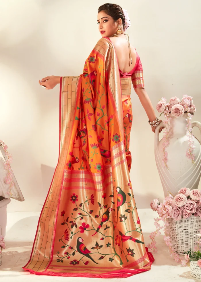 Cantaloupe Orange Paithani Silk Saree