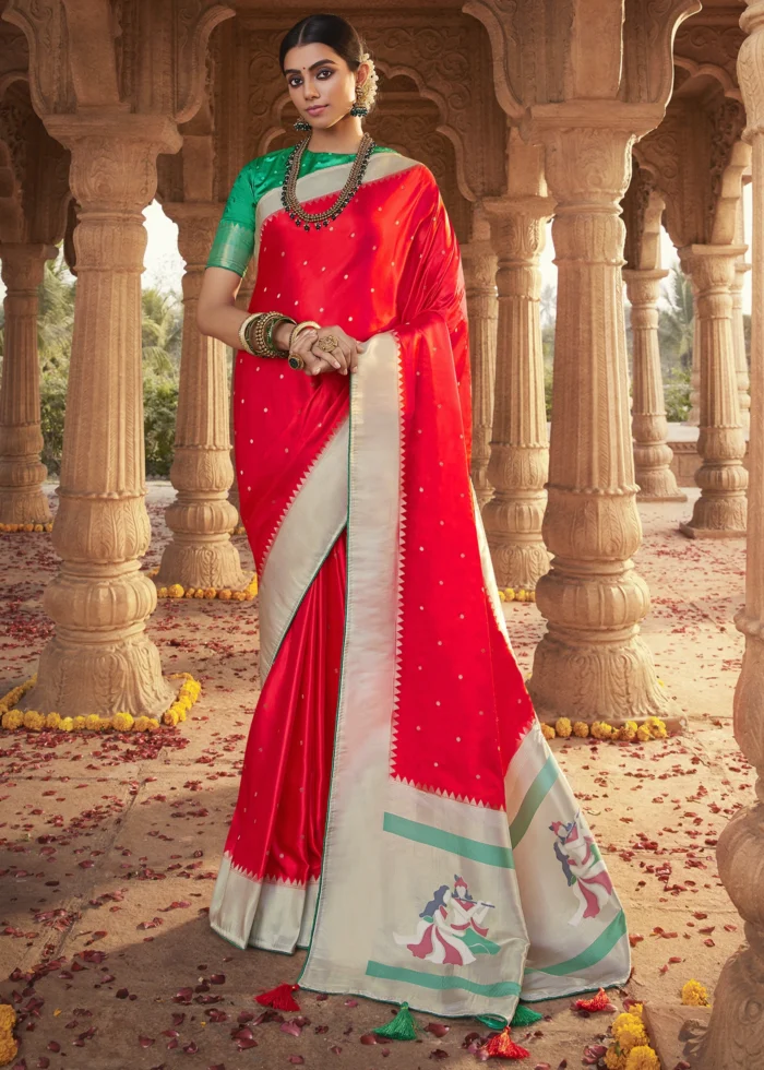 Coral Red Paithani Saree