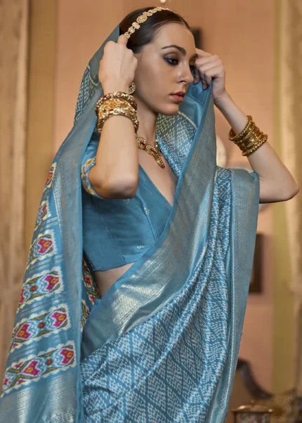 Cyan Blue Patola Silk Saree