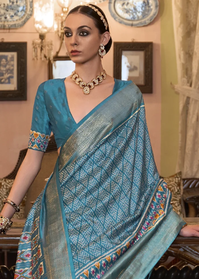 Cyan Blue Patola Silk Saree