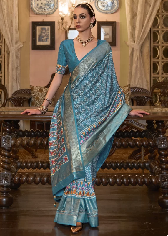 Cyan Blue Patola Silk Saree