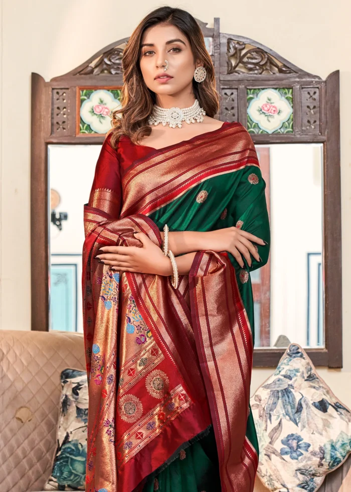 Dark Green and Maroon Paithani Silk Saree