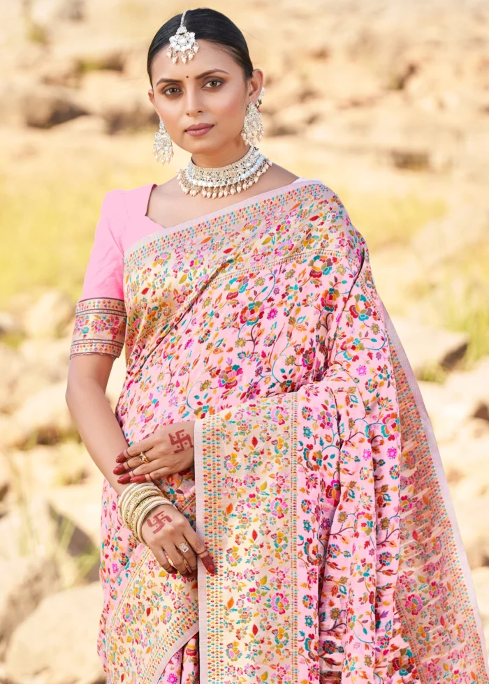 Flamingo Pink Kashmiri Jamawar Saree