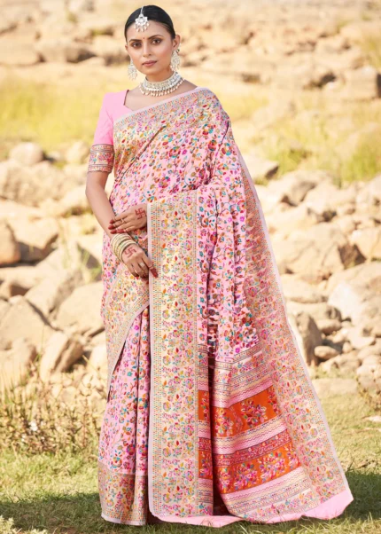 Flamingo Pink Kashmiri Jamawar Saree