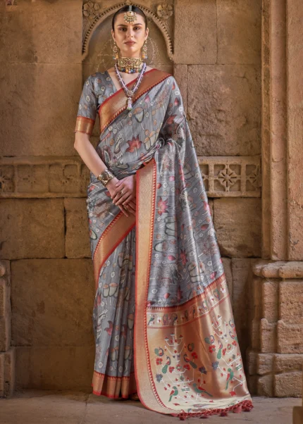 Gray Paithani Silk Saree