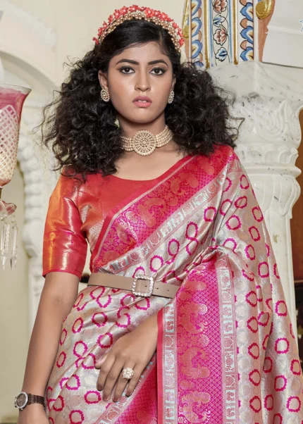 Gray and Pink Banarasi Silk Saree