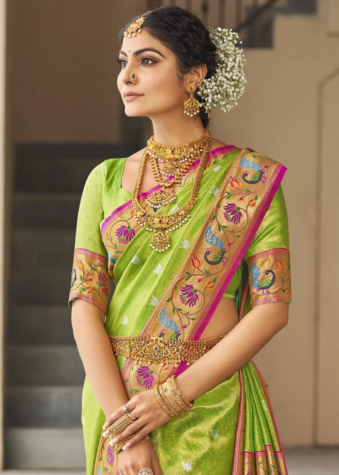 Lime Green Paithani Silk Saree