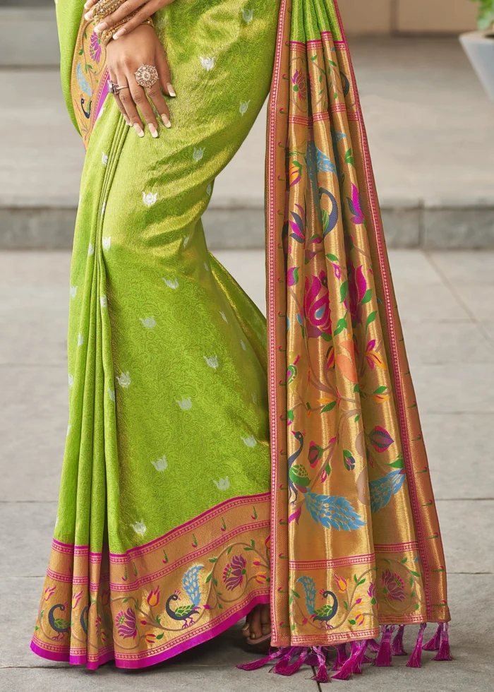 Lime Green Paithani Silk Saree