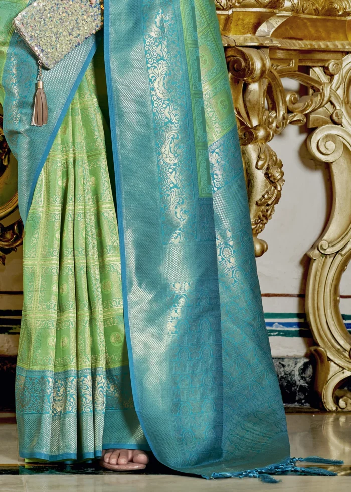 Lime Green and Blue Banarasi Silk Saree