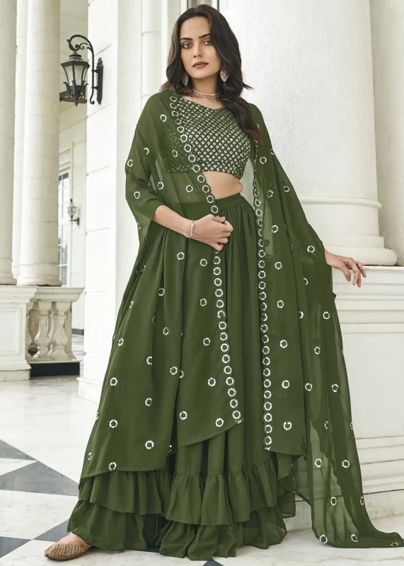 Mehndi Green Crop Top Skirt Set with Shrug