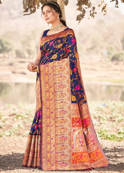 Navy Blue Kashmiri Jamawar Saree