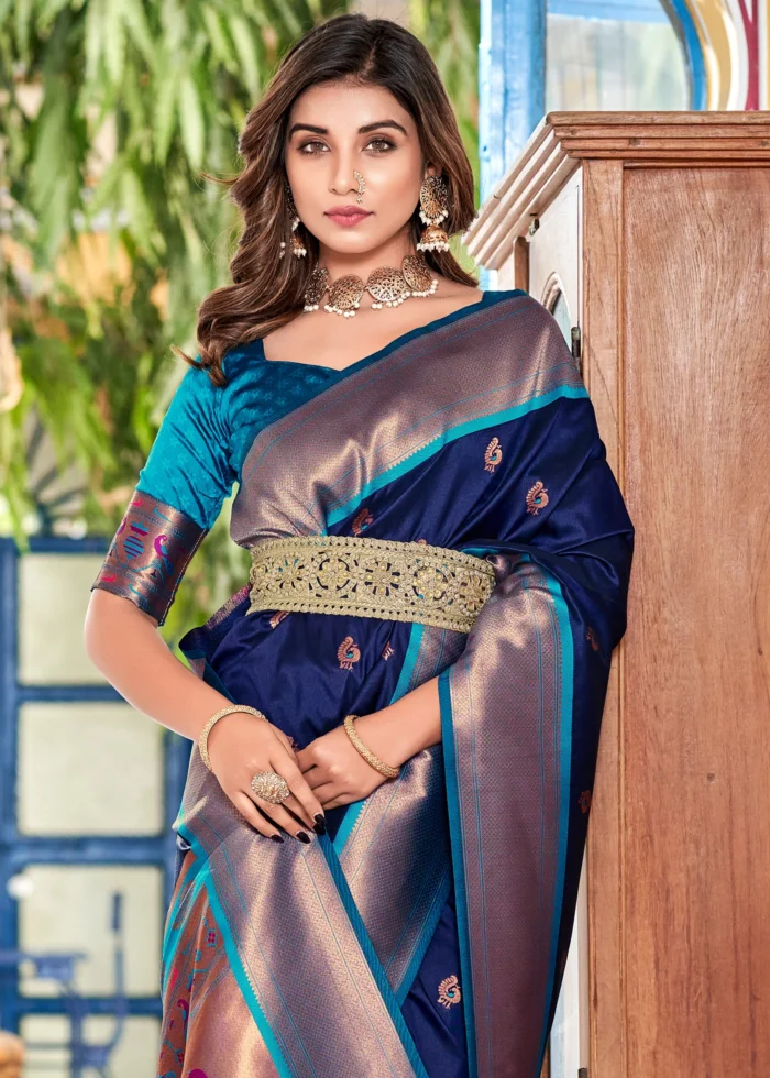 Navy Blue Paithani Silk Saree