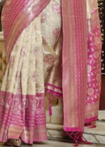 Off White and Pink Banarasi Silk Saree