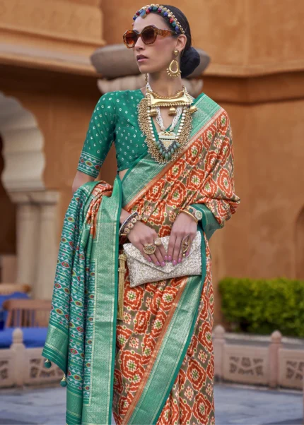 Orange & Green Patola Saree