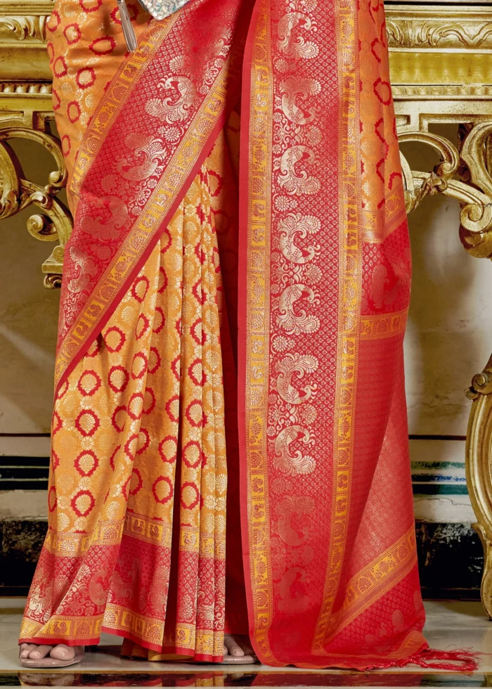 Orange and Red Banarasi Silk Saree