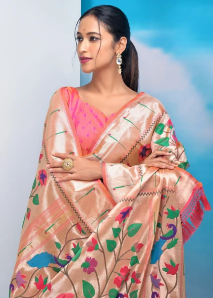 Peach Paithani Silk Saree