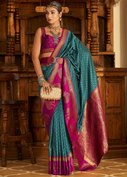 Peacock Blue Banarasi Silk Saree