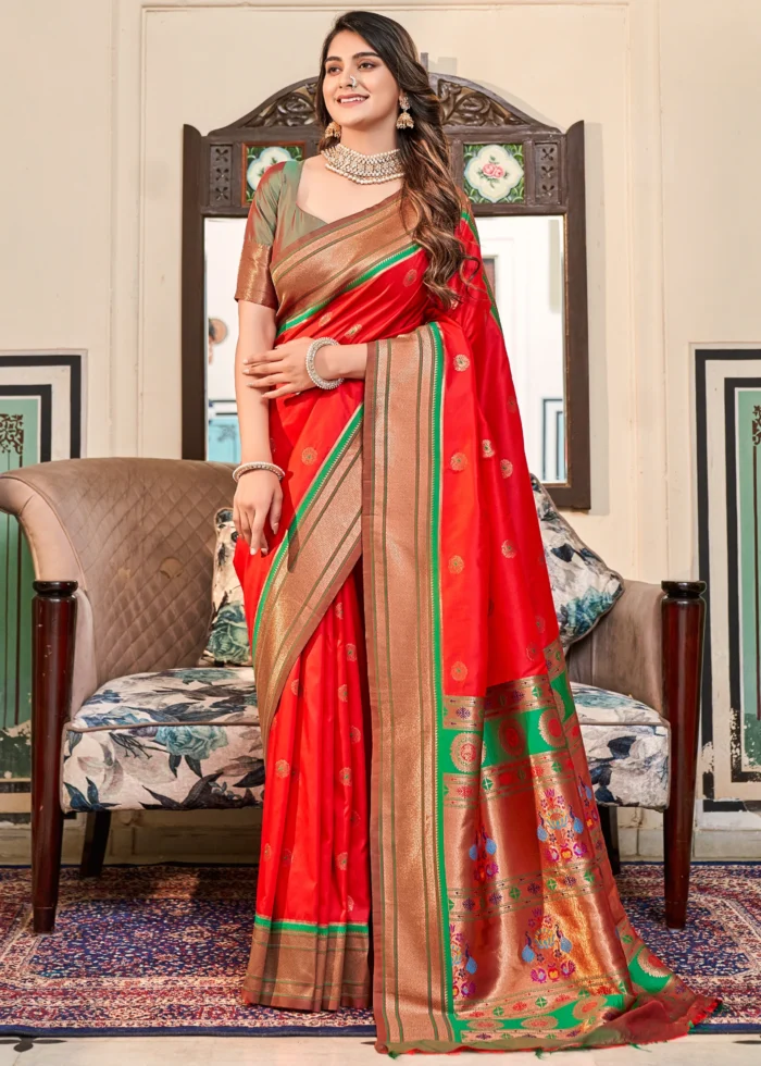 Red and Green Paithani Silk Saree