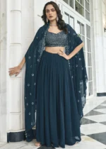 Regal Blue Crop Top Skirt Set with Shrug