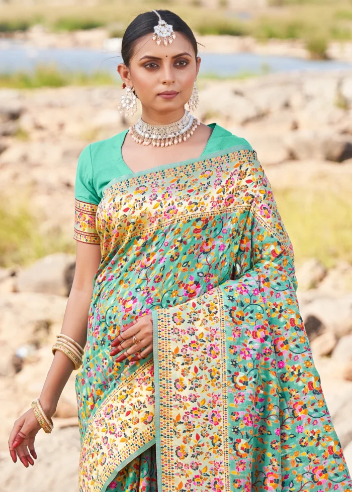 Seafoam Green Kashmiri Jamawar Saree