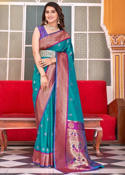 Teal Blue Paithani Silk Saree