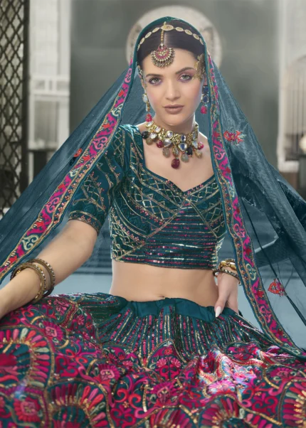 Teal Blue Silk Lehenga