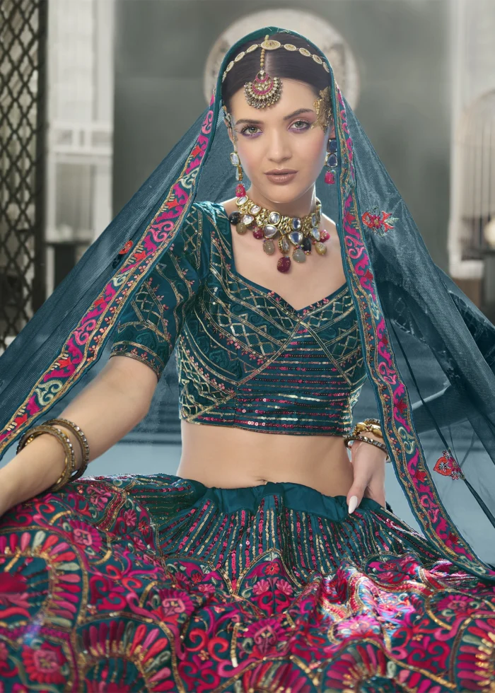 Teal Blue Silk Lehenga