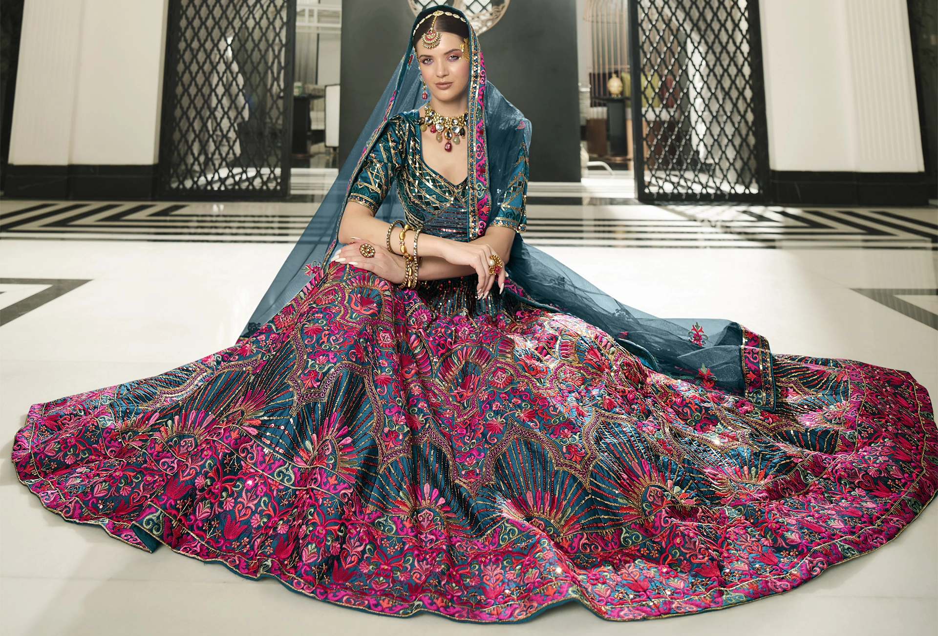 Teal Blue Silk Lehenga