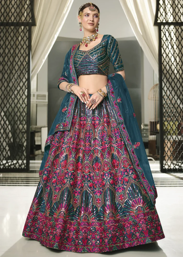 Teal Blue Silk Lehenga