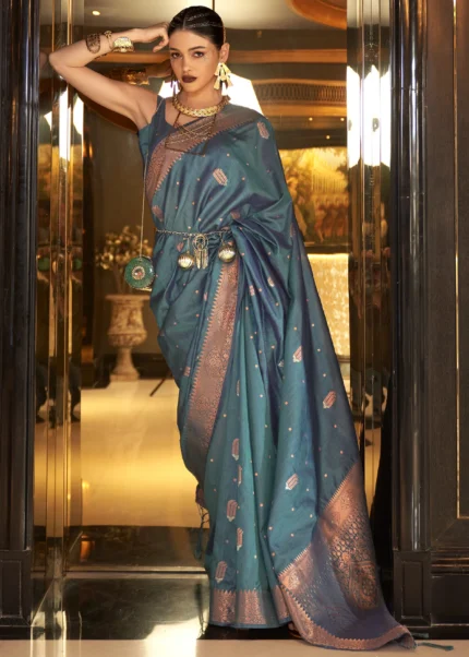 Teal Blue Tussar Silk Saree